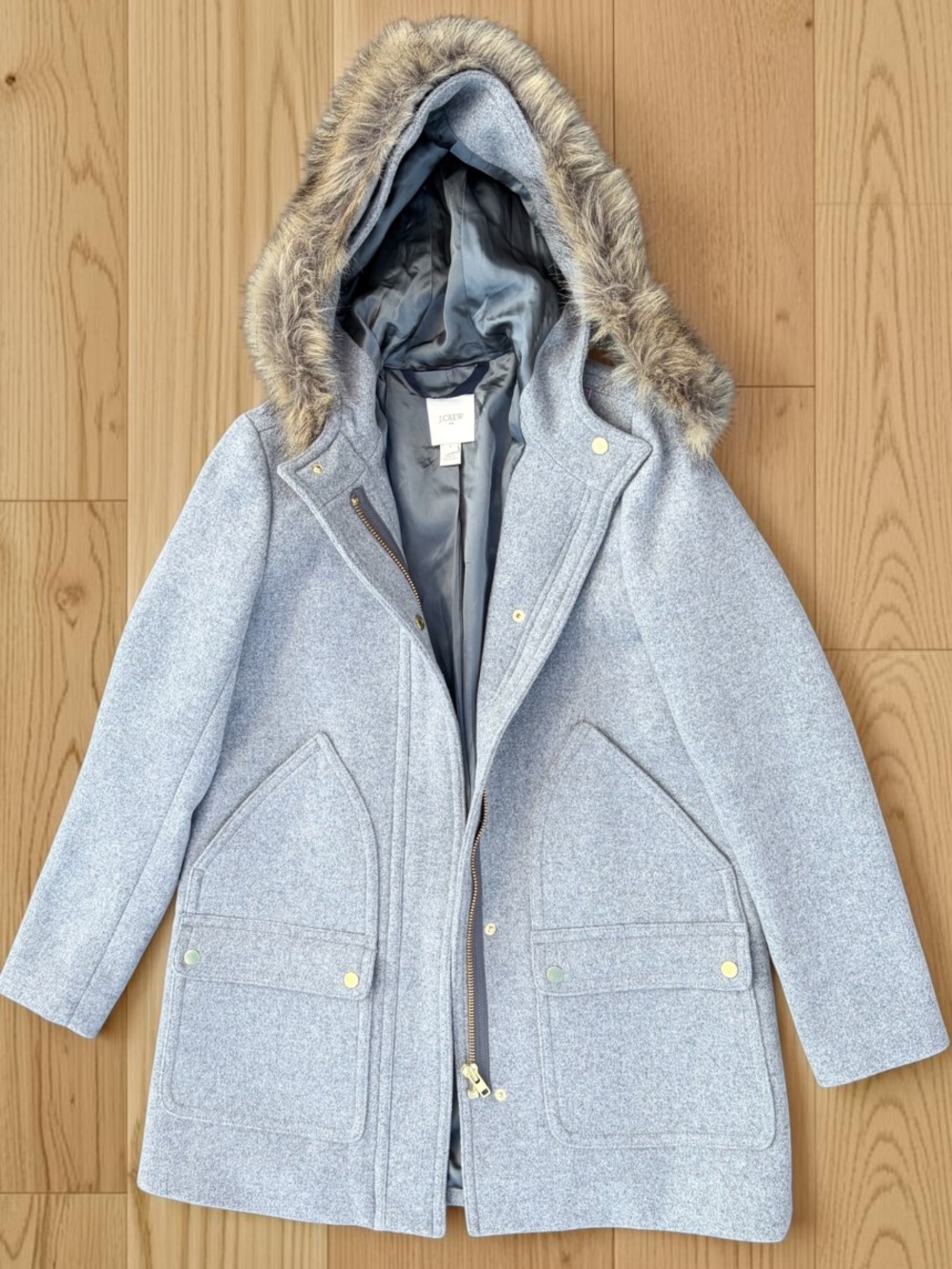 J.Crew 50% Wool Parka Coat Faux Fur Hood Gray Size 2